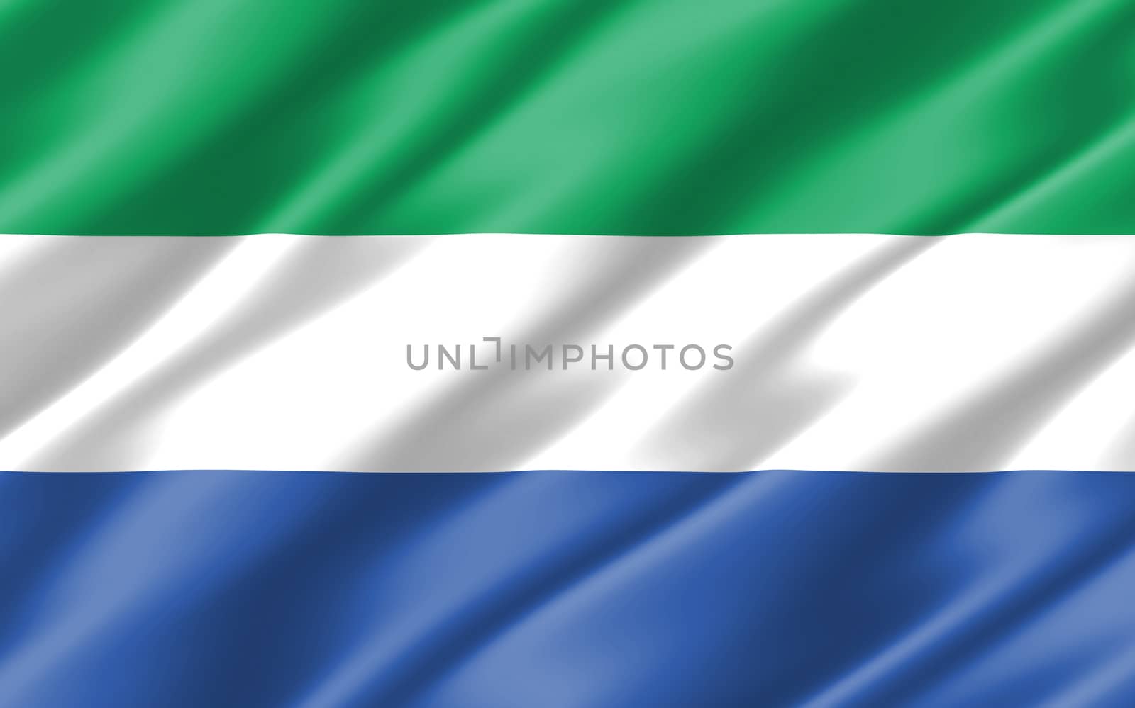 Silk wavy flag of Sierra Leone graphic. Wavy Sierra Leonean flag 3D illustration. Rippled Sierra Leone country flag is a symbol of freedom, patriotism and independence. by Skylark