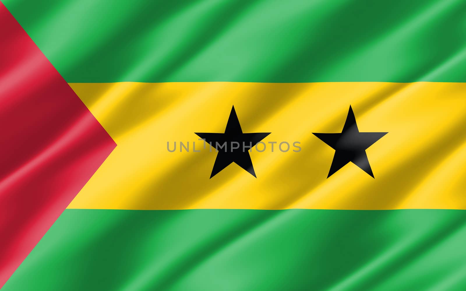 Silk wavy flag of Sao Tome and Principe graphic. Wavy Sao Tomean flag 3D illustration. Rippled Sao Tome and Principe country flag is a symbol of freedom, patriotism and independence. by Skylark