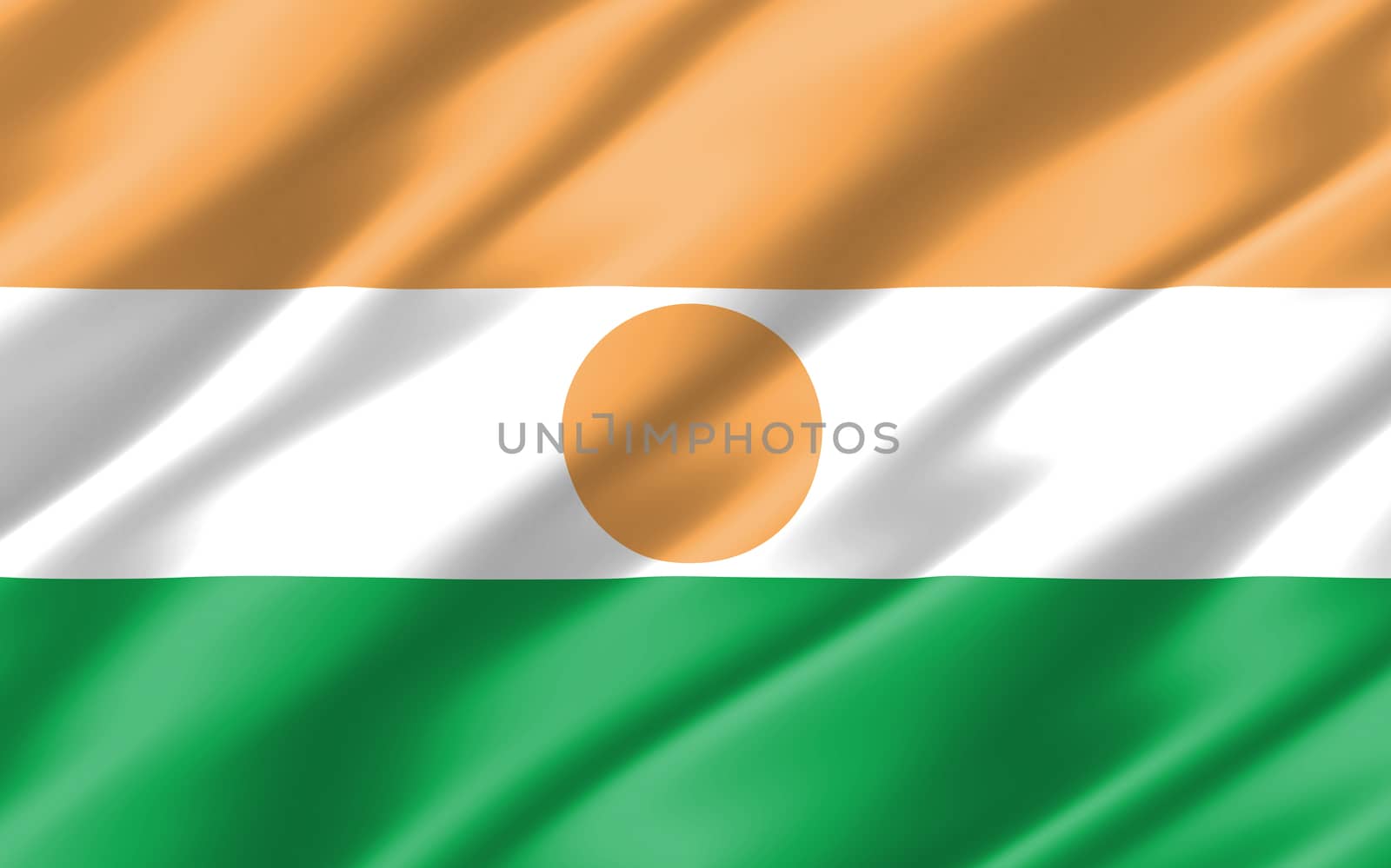 Silk wavy flag of Niger graphic. Wavy Nigerien flag 3D illustration. Rippled Niger country flag is a symbol of freedom, patriotism and independence. by Skylark