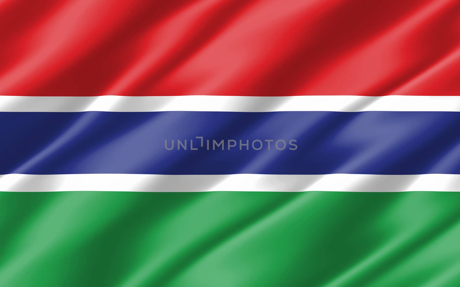 Silk wavy flag of Gambia graphic. Wavy Gambian flag 3D illustration. Rippled Gambia country flag is a symbol of freedom, patriotism and independence.