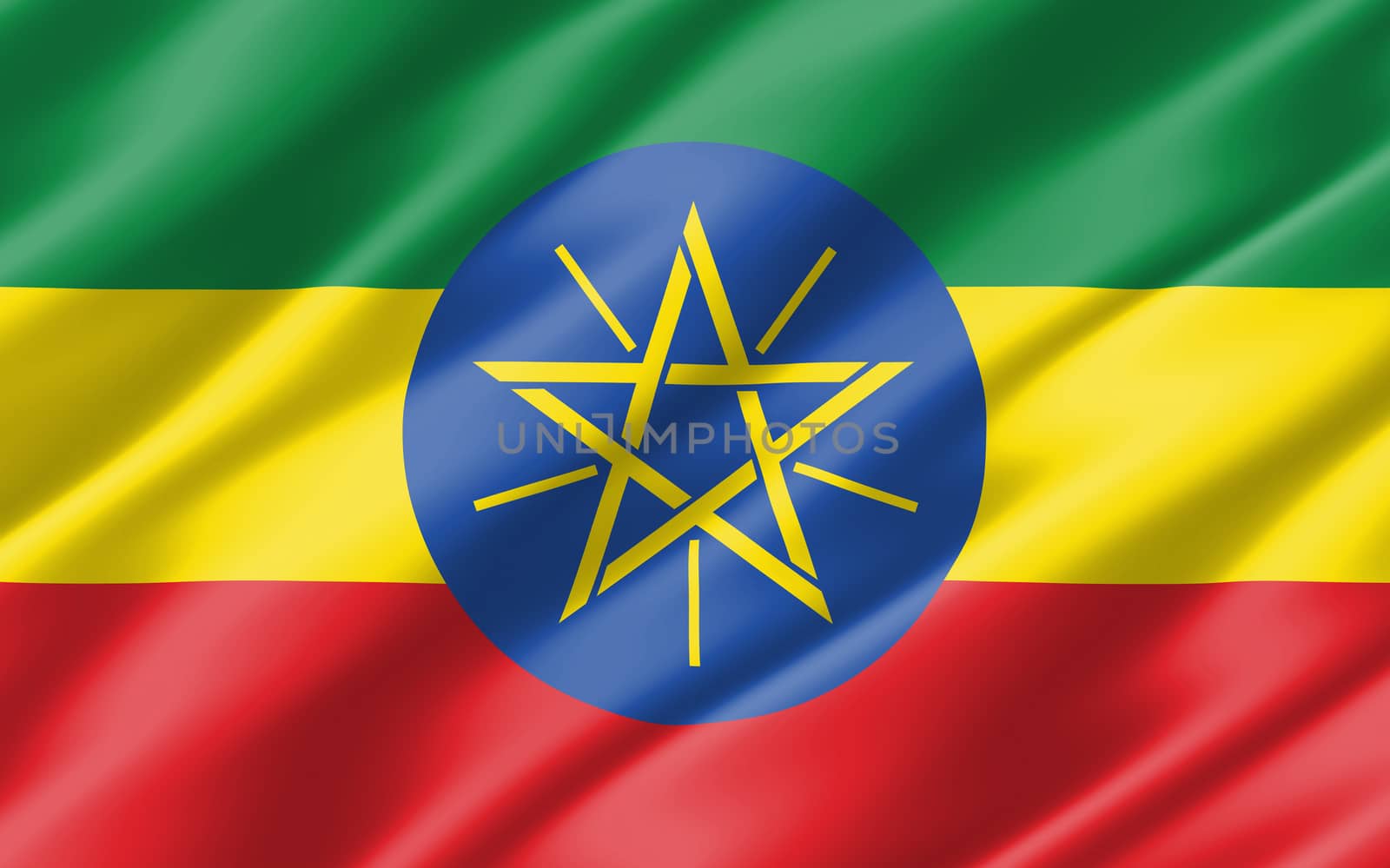 Silk wavy flag of Ethiopia graphic. Wavy Ethiopian flag 3D illustration. Rippled Ethiopia country flag is a symbol of freedom, patriotism and independence.