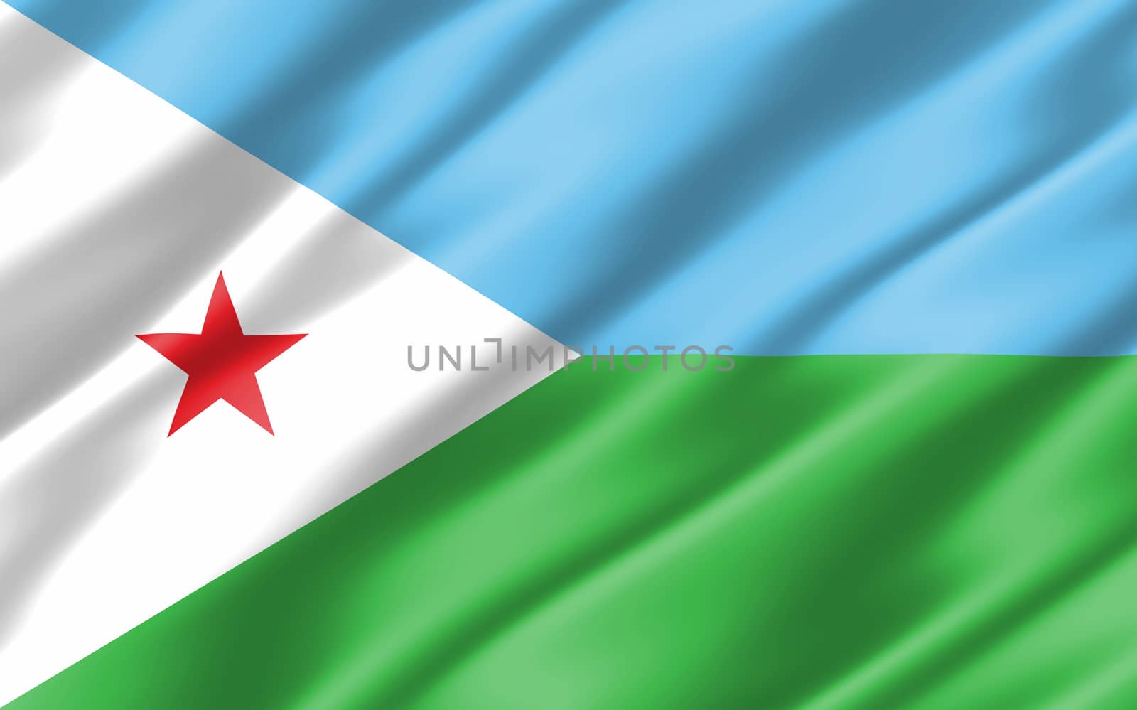 Silk wavy flag of Djibouti graphic. Wavy Djiboutian flag 3D illustration. Rippled Djibouti country flag is a symbol of freedom, patriotism and independence.