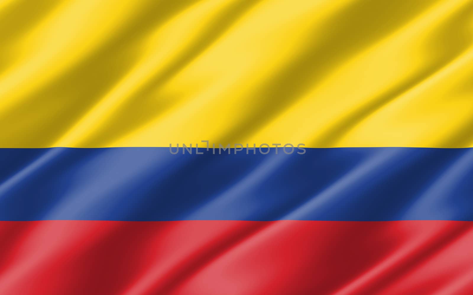 Silk wavy flag of Colombia graphic. Wavy Colombian flag 3D illustration. Rippled Colombia country flag is a symbol of freedom, patriotism and independence.