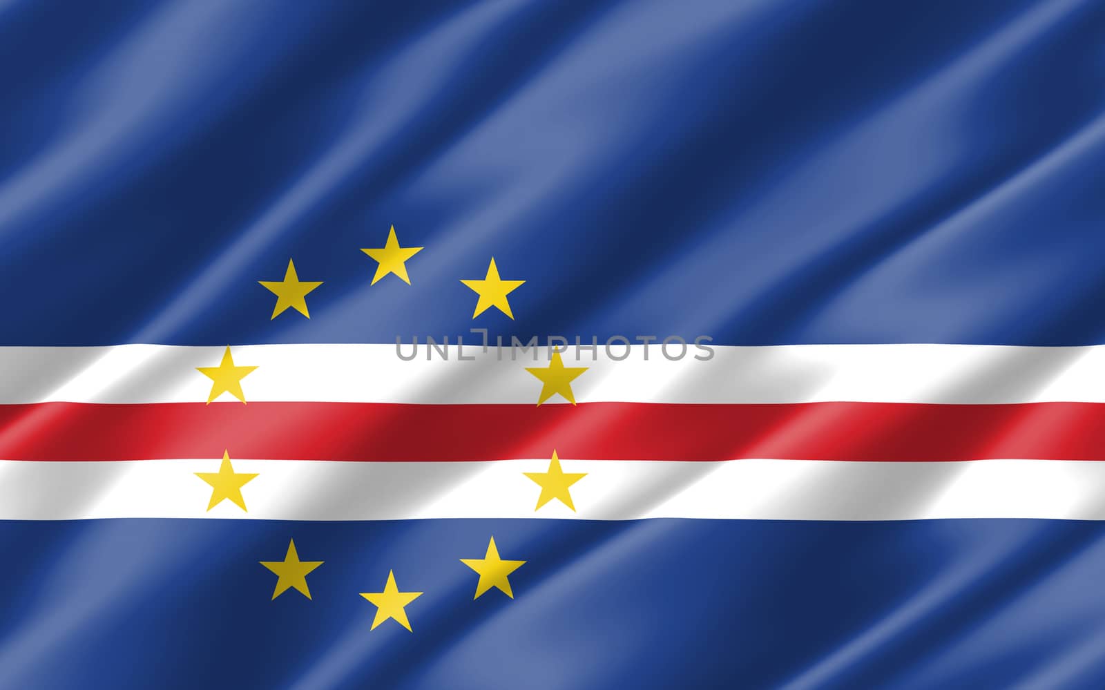 Silk wavy flag of Cabo Verde graphic. Wavy Cabo Verdean flag 3D illustration. Rippled Cabo Verde country flag is a symbol of freedom, patriotism and independence.