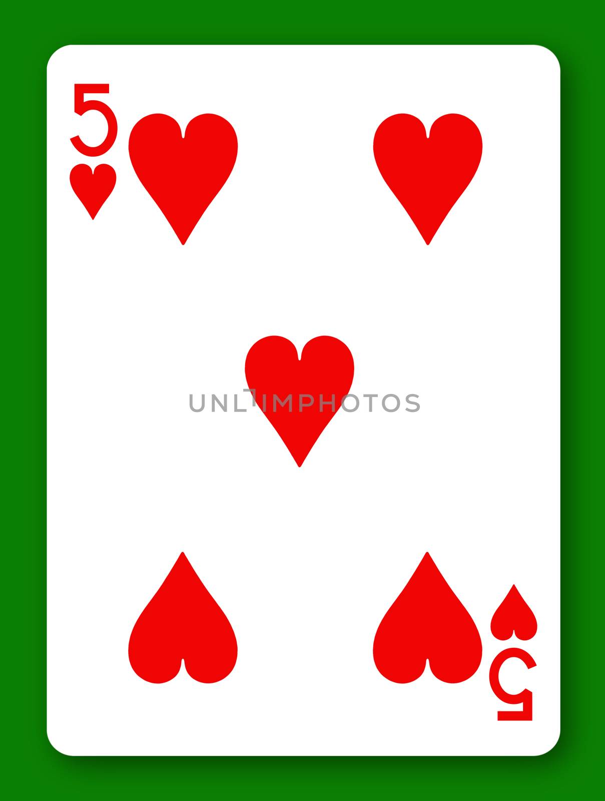 A 5 Five of Hearts playing card with clipping path to remove background and shadow