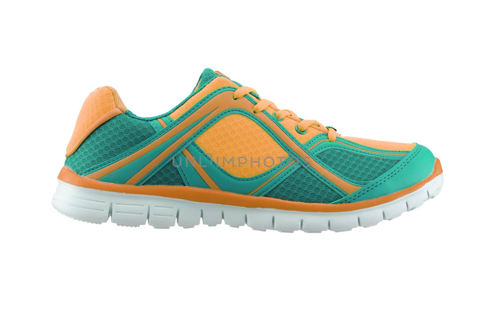 A side view of a green and gold training shoe on white background