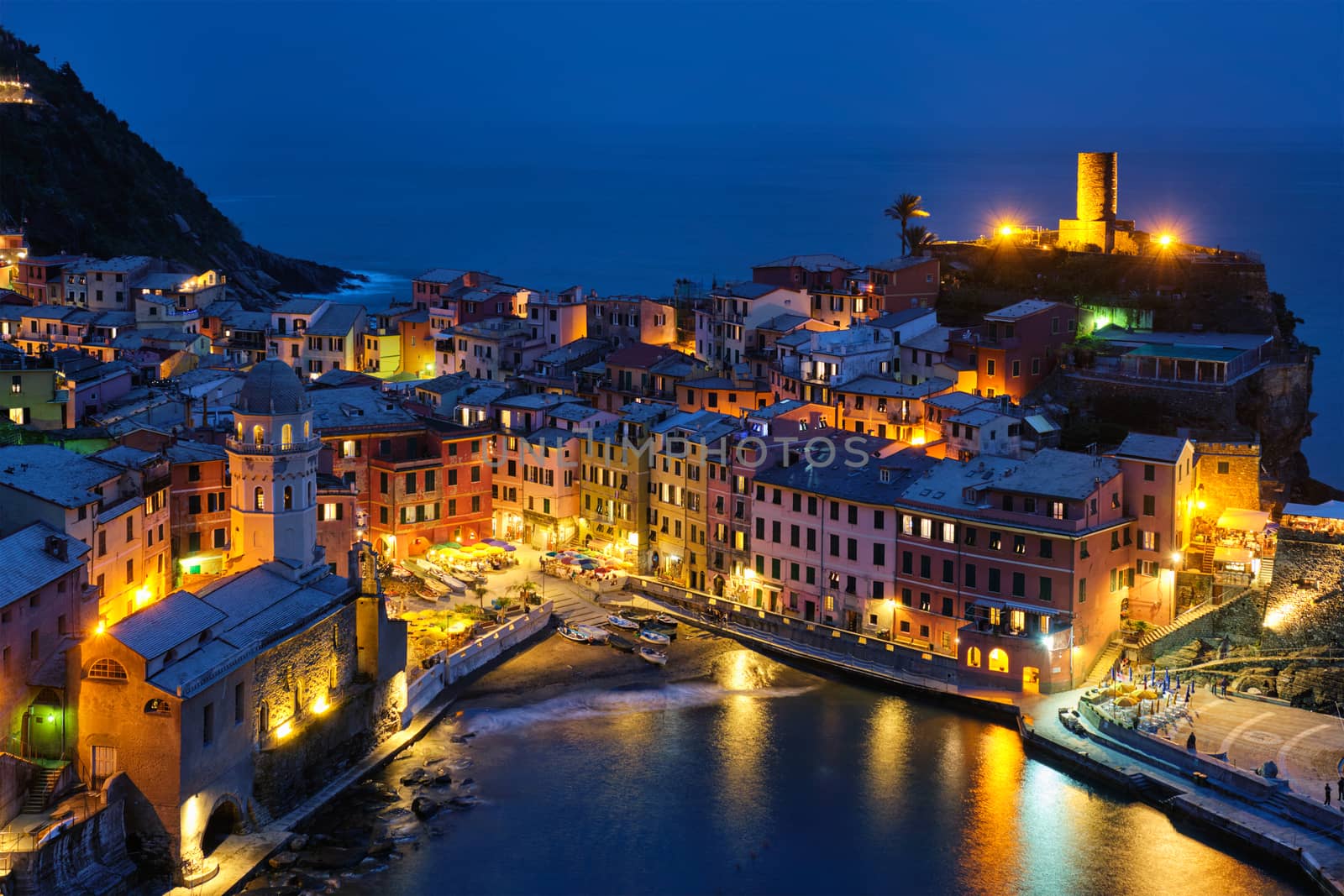 Vernazza village illuminated in the night, Cinque Terre, Liguria, Italy by dimol