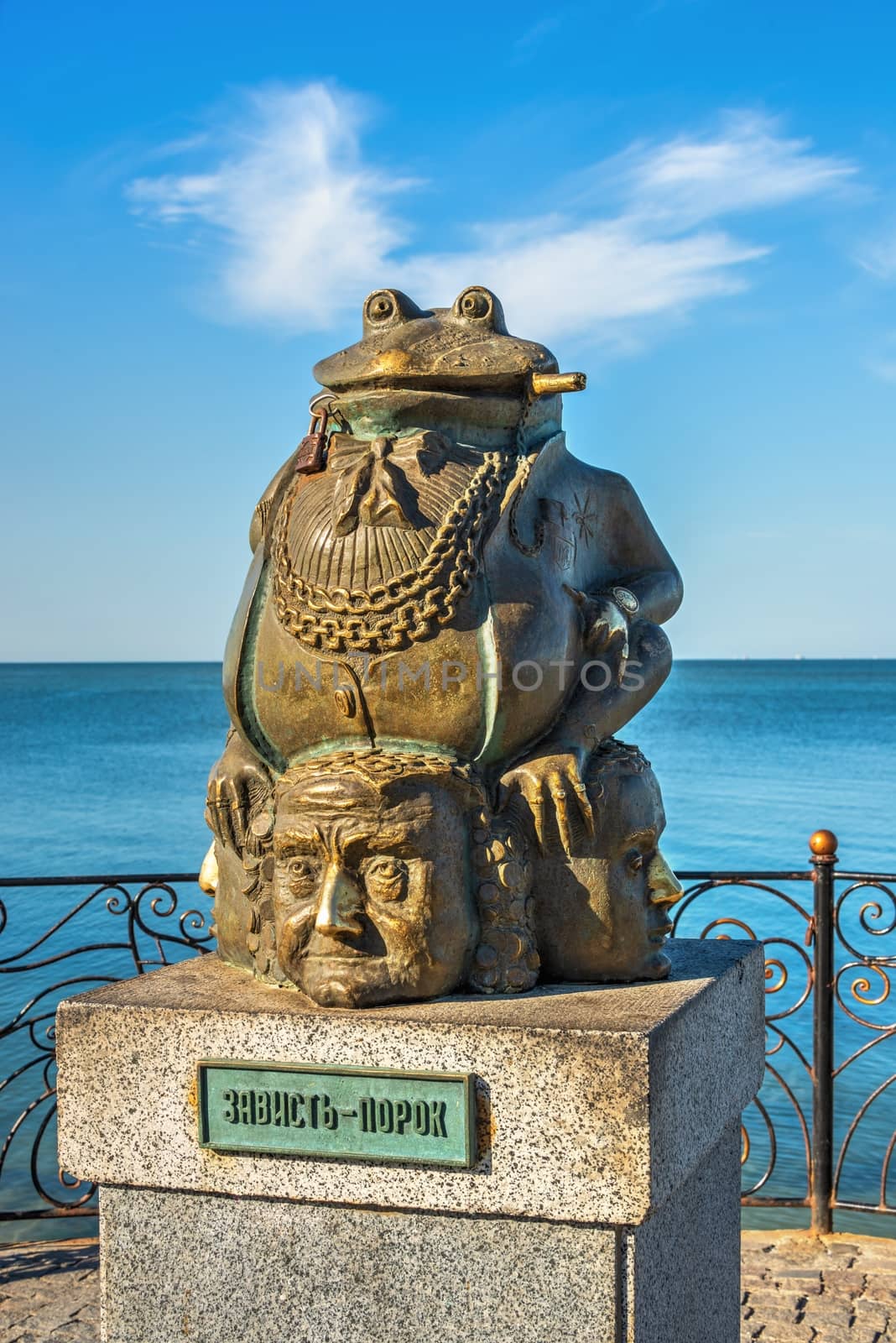 Berdyansk, Ukraine 07.23.2020. Monument to the toad on the embankment of Berdyansk, Ukraine, on a sunny summer morning