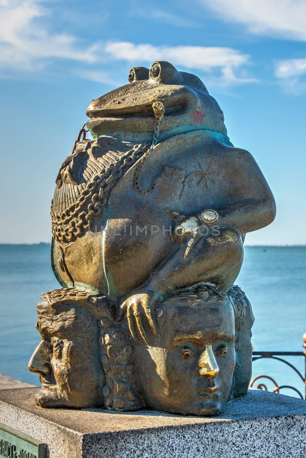 Berdyansk, Ukraine 07.23.2020. Monument to the toad on the embankment of Berdyansk, Ukraine, on a sunny summer morning