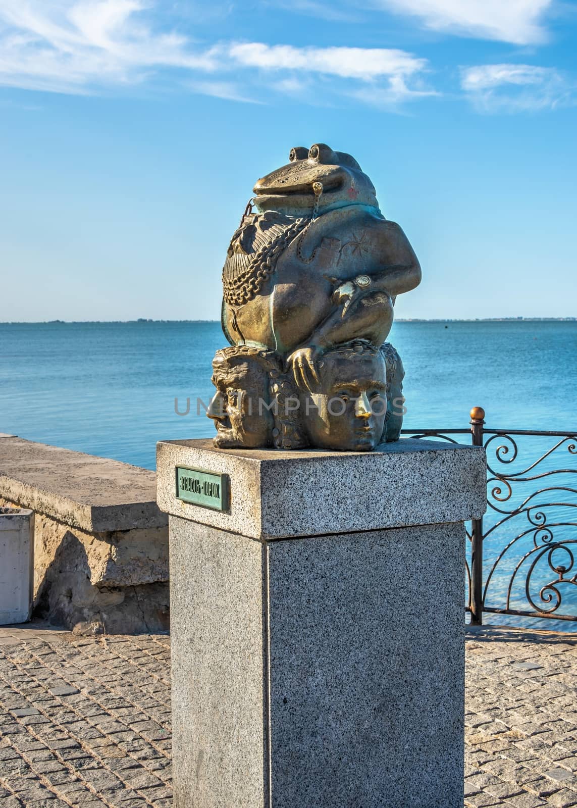 Berdyansk, Ukraine 07.23.2020. Monument to the toad on the embankment of Berdyansk, Ukraine, on a sunny summer morning