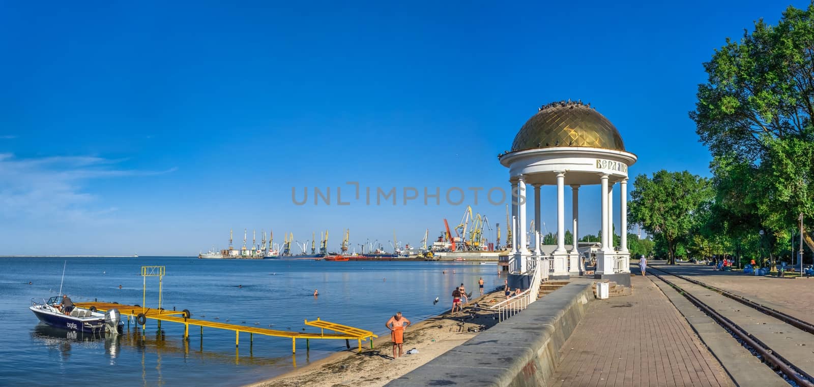 Berdyansk, Ukraine 07.23.2020. Alcove on the embankment of the Sea of Azov in Berdyansk, Ukraine, on a summer morning