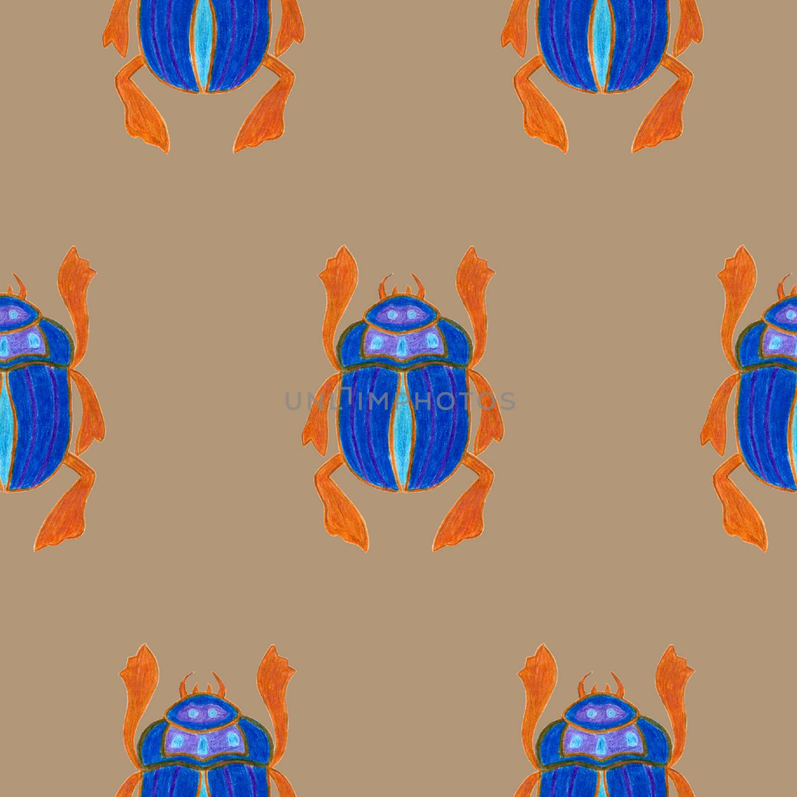 Blue scarab isolated on beige background. Seamless pattern with Bug insect, Beetles. Design for wrapping paper, cover, greeting card, wallpaper, fabric. by sshisshka