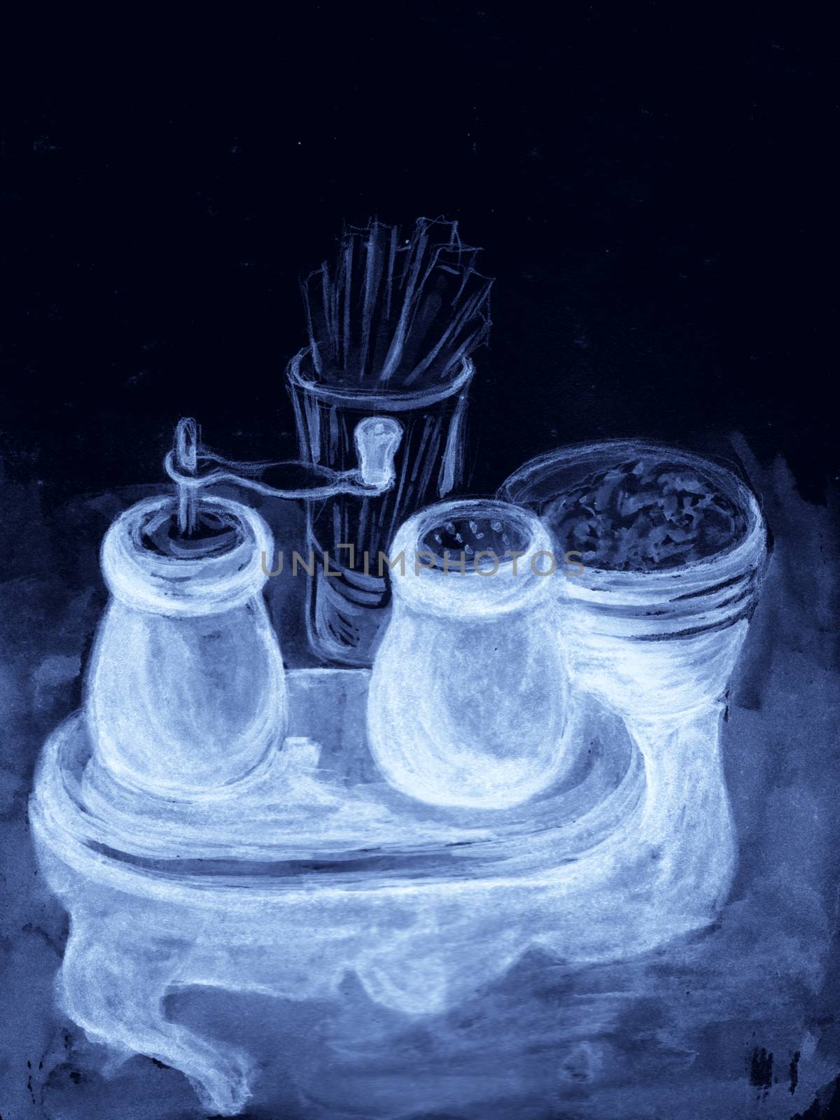 Salt and pepper shakers on table in cafe. Monochrome illustration. Hand-drawn sketch. Blue neon colors. by sshisshka