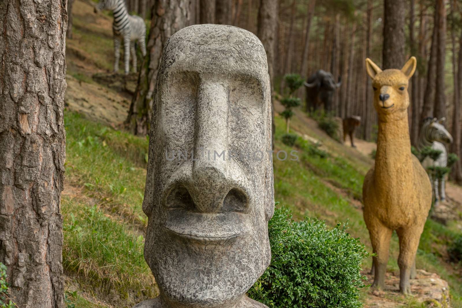 Juberri Sant Julia de Loria, Andorra: August 27 2020: Sculptures in Jardins de Juberri in summer 2020 in the Pyrenees of Andorra.