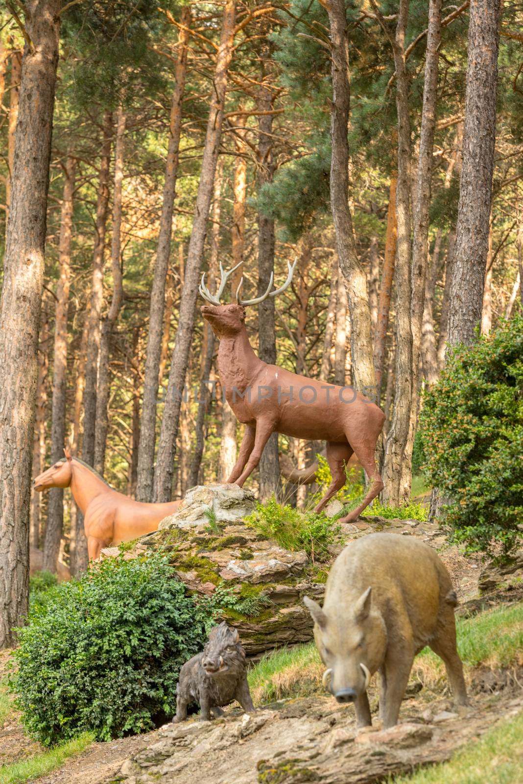 Juberri Sant Julia de Loria, Andorra: August 27 2020: Sculptures in Jardins de Juberri in summer 2020 in the Pyrenees of Andorra.