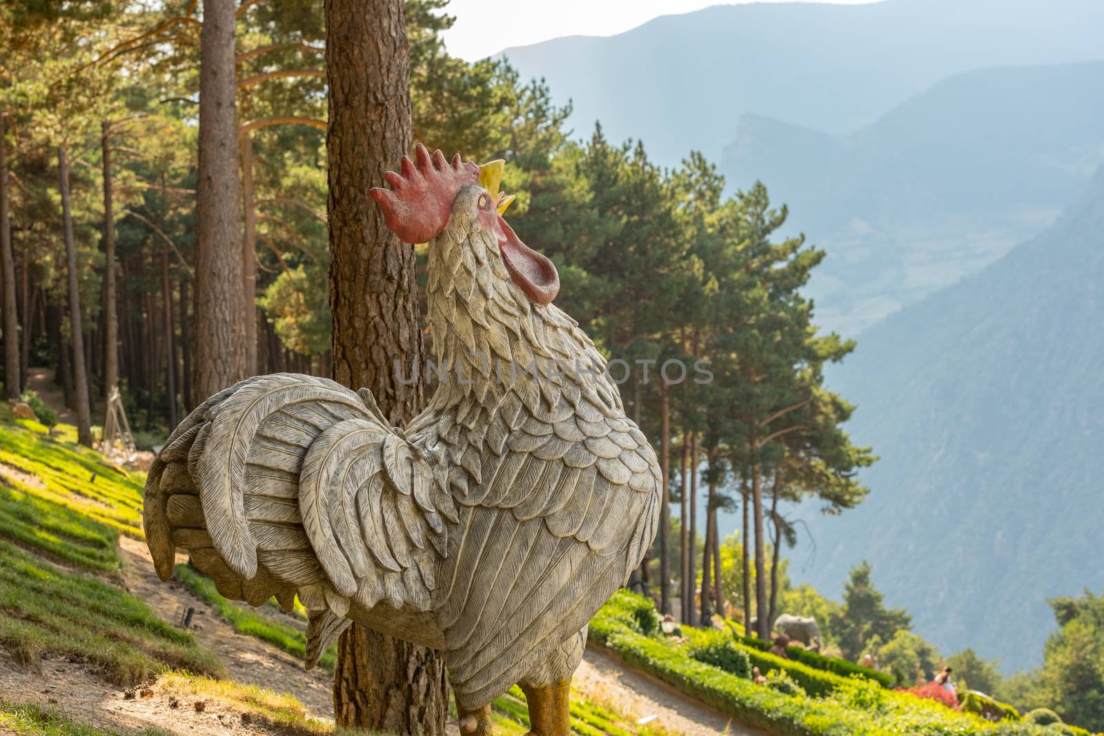 Juberri Sant Julia de Loria, Andorra: August 27 2020: Sculptures in Jardins de Juberri in summer 2020 in the Pyrenees of Andorra.