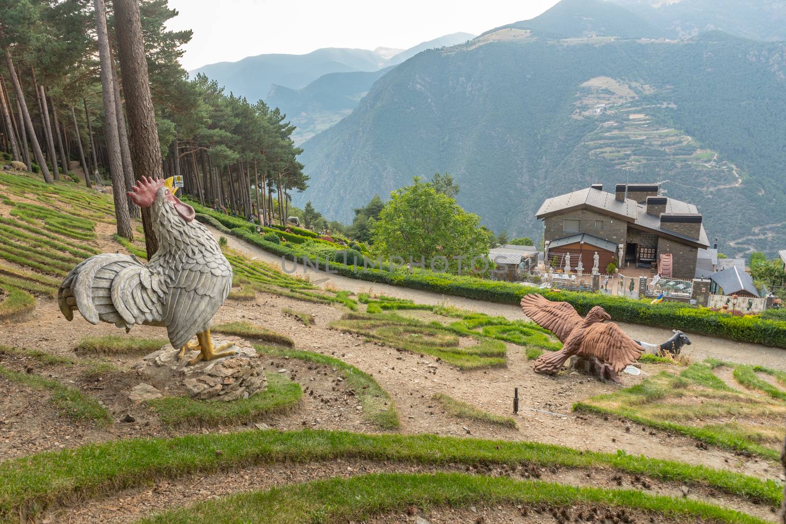 Juberri Sant Julia de Loria, Andorra: August 27 2020: Sculptures in Jardins de Juberri in summer 2020 in the Pyrenees of Andorra.