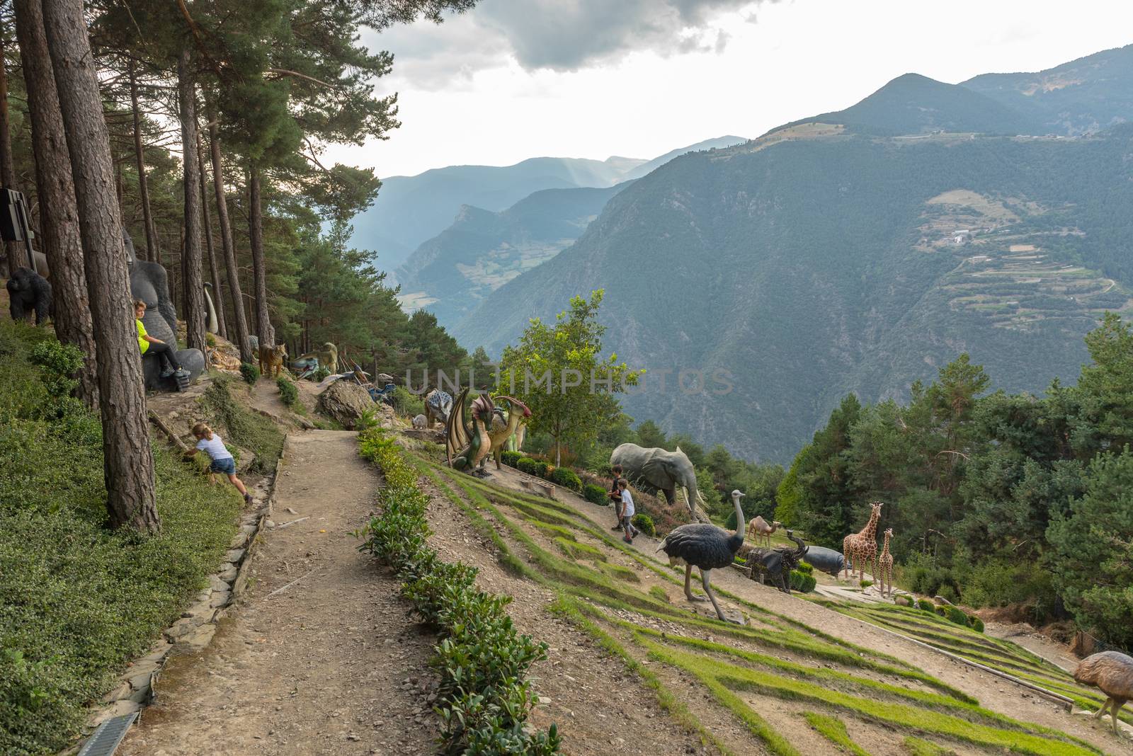 Juberri Sant Julia de Loria, Andorra: August 27 2020: Sculptures in Jardins de Juberri in summer 2020 in the Pyrenees of Andorra.