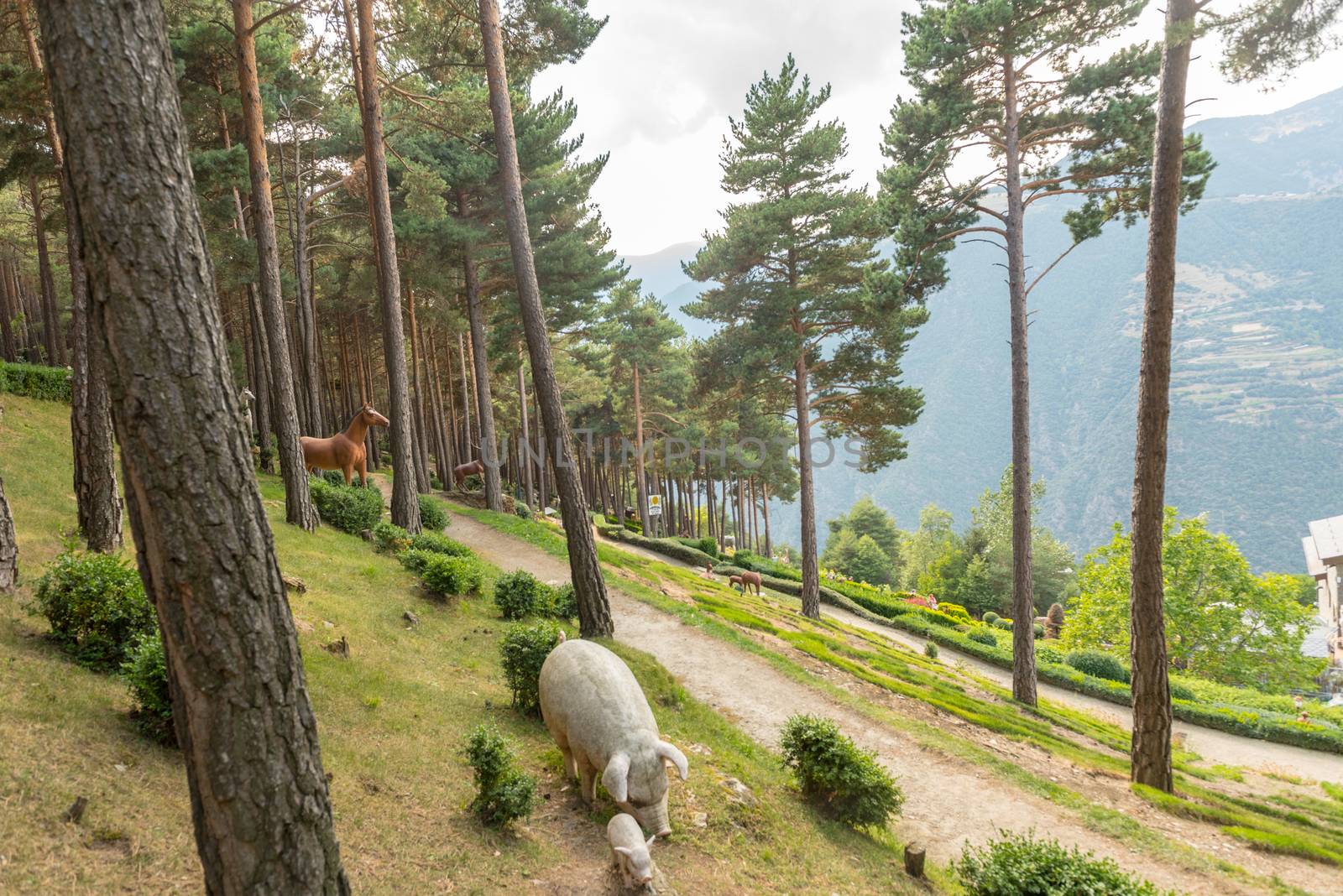 Juberri Sant Julia de Loria, Andorra: August 27 2020: Sculptures in Jardins de Juberri in summer 2020 in the Pyrenees of Andorra.