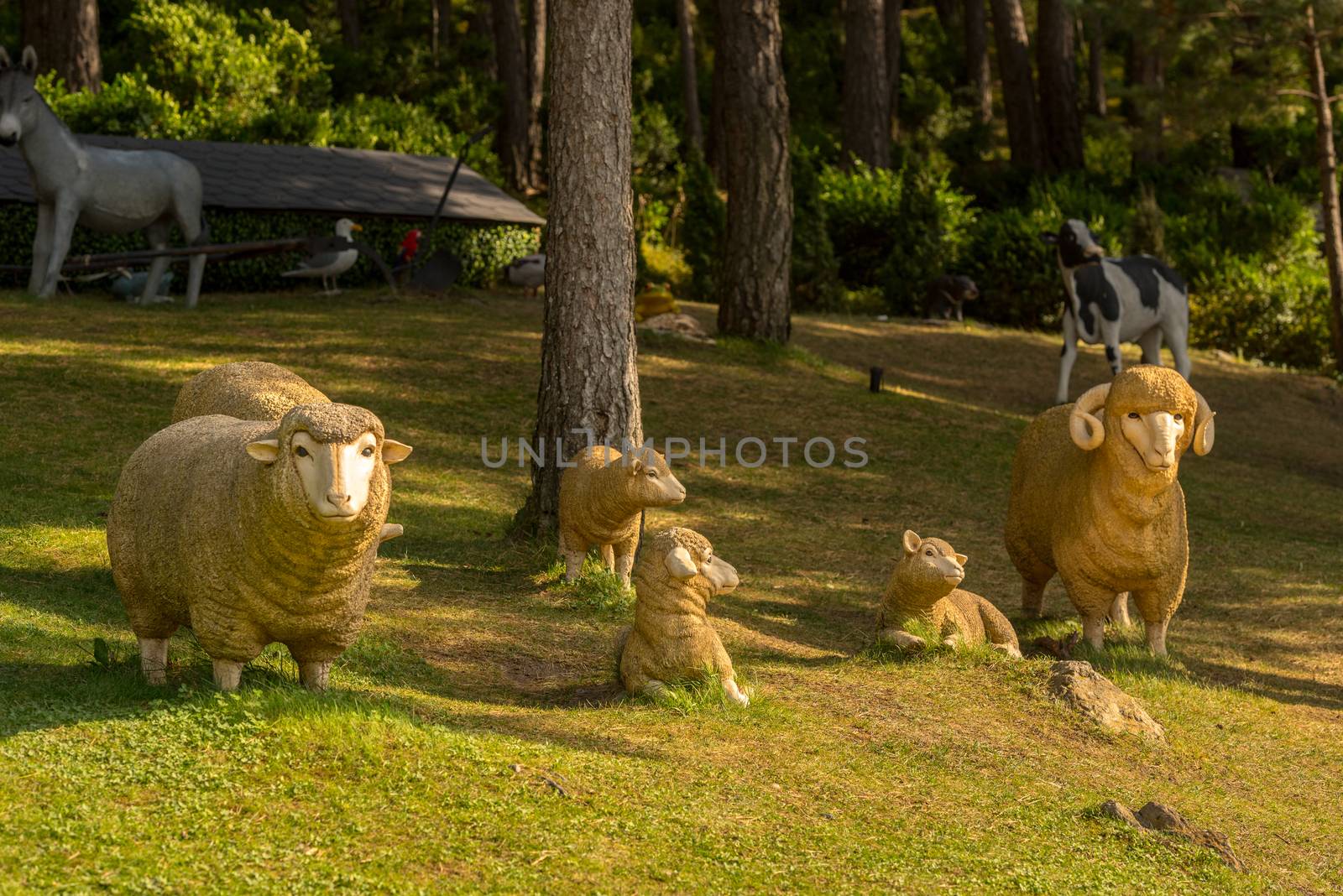 Juberri Sant Julia de Loria, Andorra: August 27 2020: Sculptures in Jardins de Juberri in summer 2020 in the Pyrenees of Andorra.