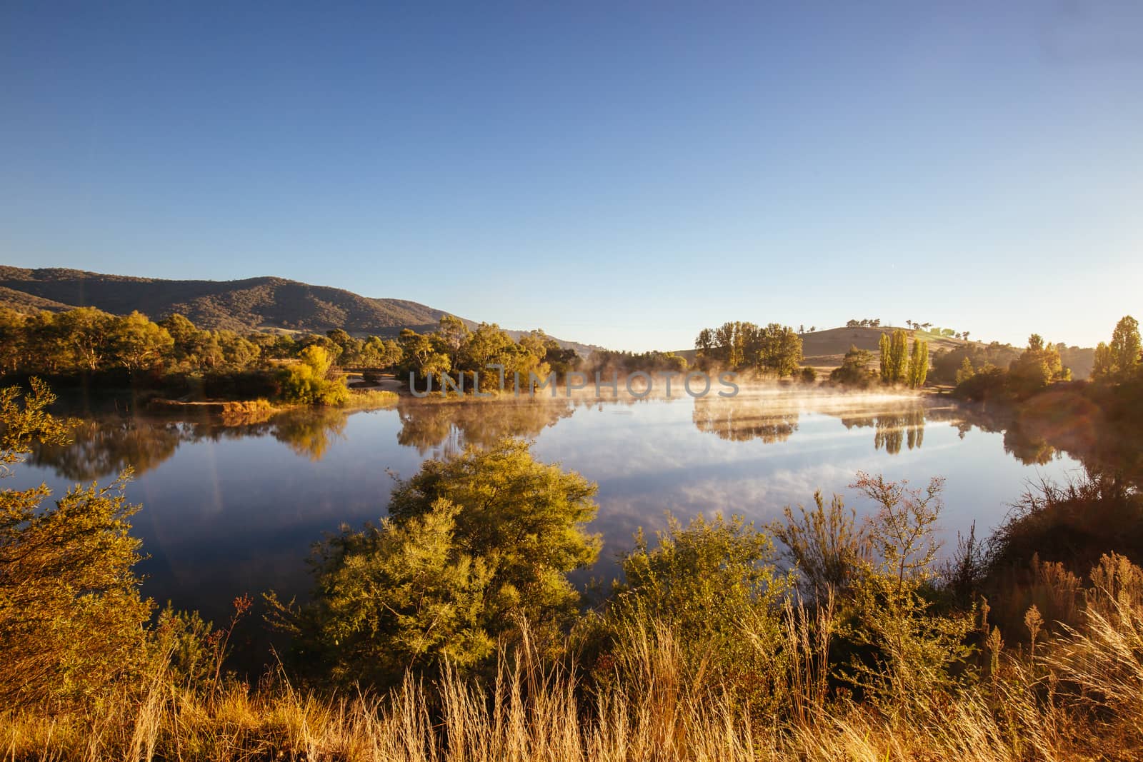 Classic Australian landscape and misty lake on a cold morning in Allans Flat, near Yackandandah in Victoria Australia
