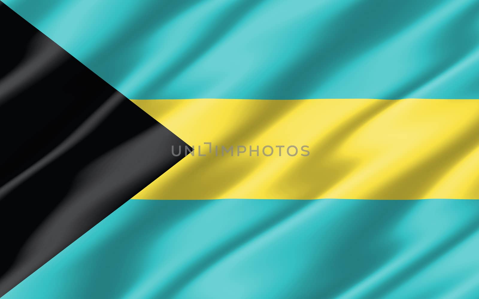 Silk wavy flag of Bahamas graphic. Wavy Bahamian flag 3D illustration. Rippled Bahamas country flag is a symbol of freedom, patriotism and independence.