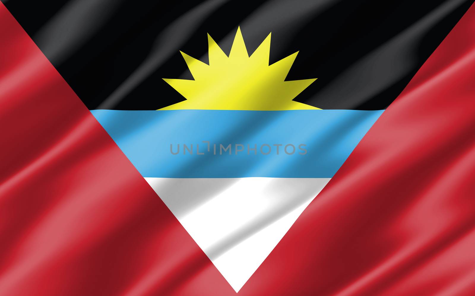 Silk wavy flag of Antigua and Barbuda graphic. Wavy Antiguan and Barbudan flag 3D illustration. Rippled Antigua and Barbuda country flag is a symbol of freedom, patriotism and independence. by Skylark