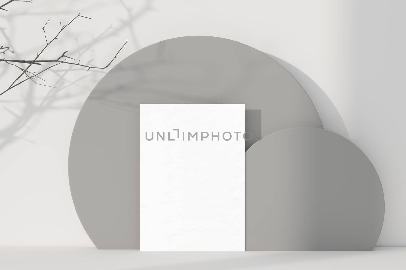 Mockup white greeting card standing on table. Suitable with 5x7 inchs or samilar paper size A4, A5, A6. 3D Rendering.