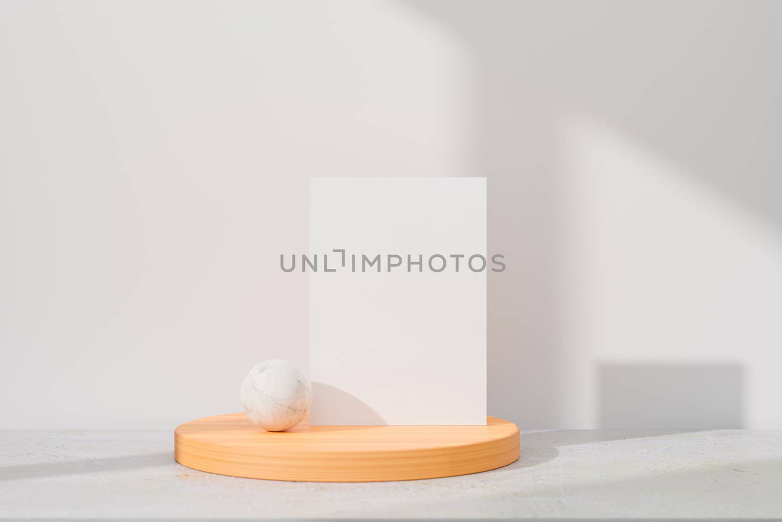 Mockup white greeting card standing on table. Suitable with 5x7 inchs or samilar paper size A4, A5, A6. 3D Rendering.
