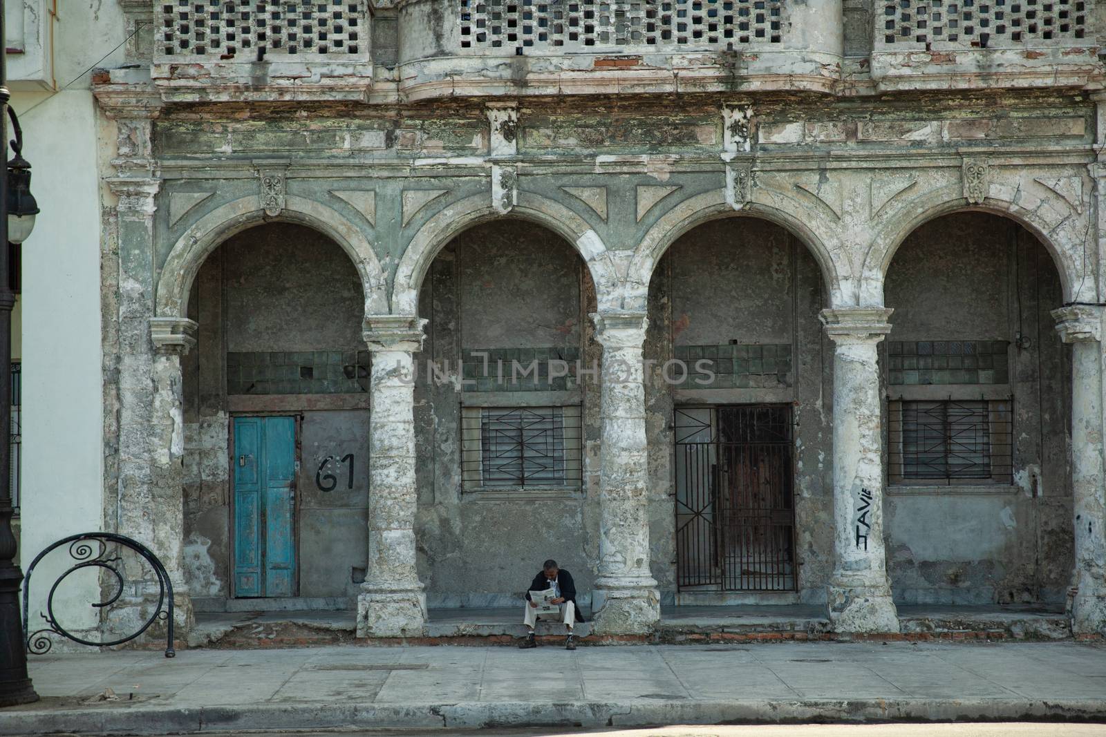 Havana, Cuba - 8 February 2015: Example of colonial architecture on Malecon with balconies and arches