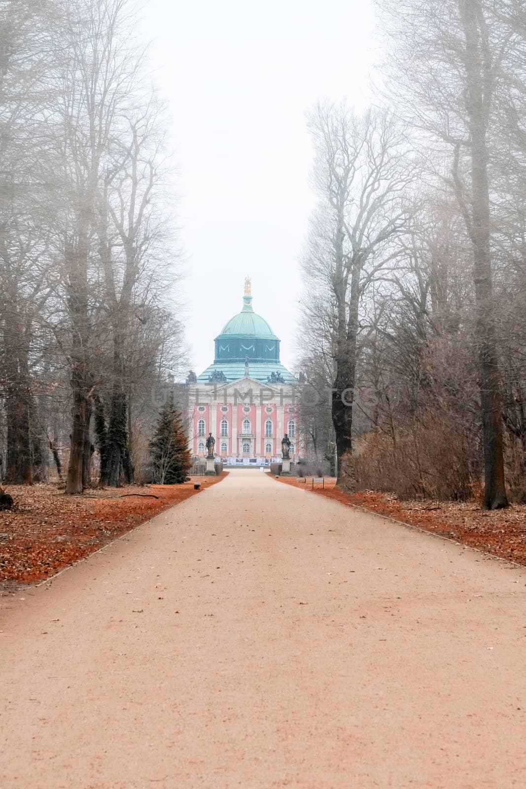 Front of Neues Palais, Potsdam,in fog, Berlin, Germany, Europe.