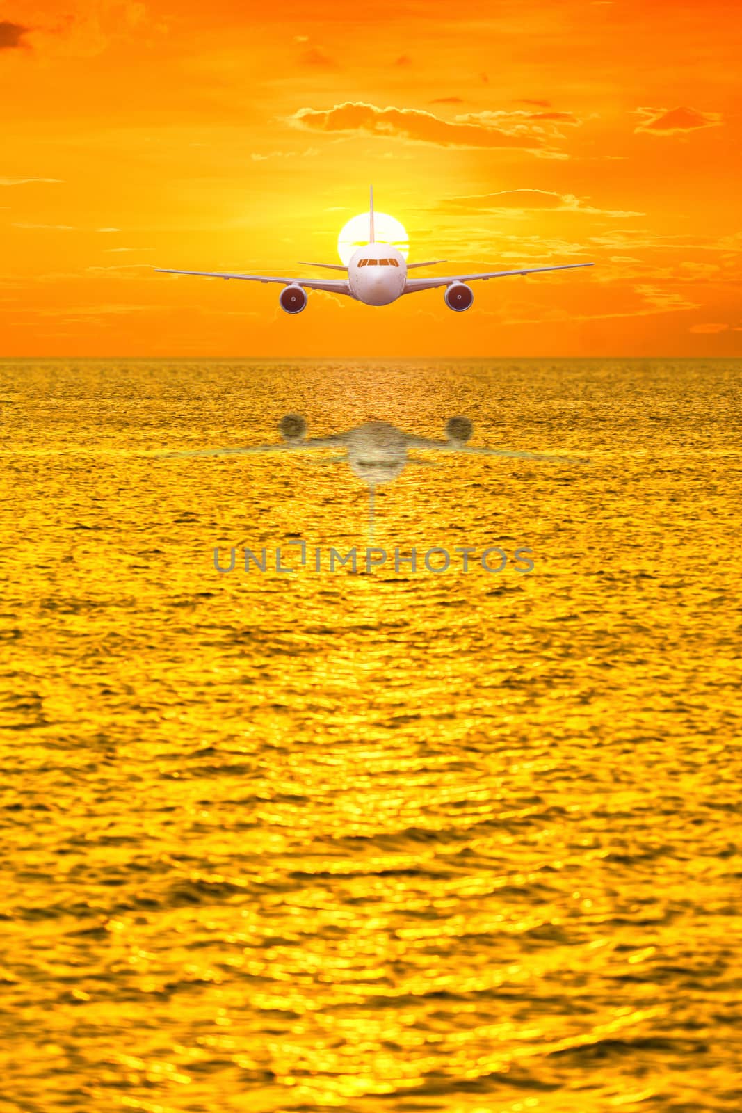 Front of real plane aircraft, on seascape and sunset background by Surasak
