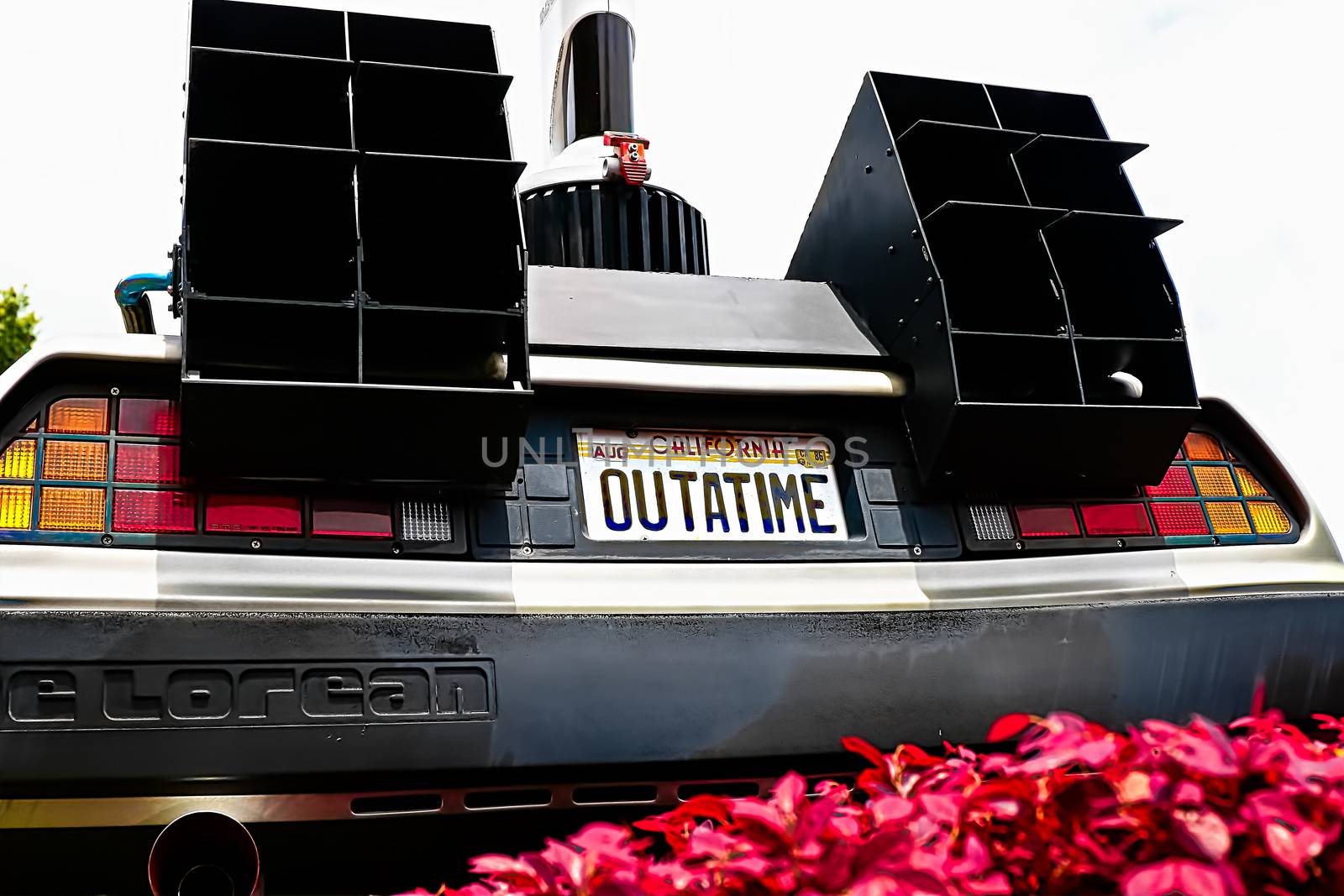 Osaka, Japan - Feb 12, 2016 : Use movie of Ready Player One. Photo of  Close up of Delorean DMC-12 license plate from Back to the Future at Universal Studios Japan.