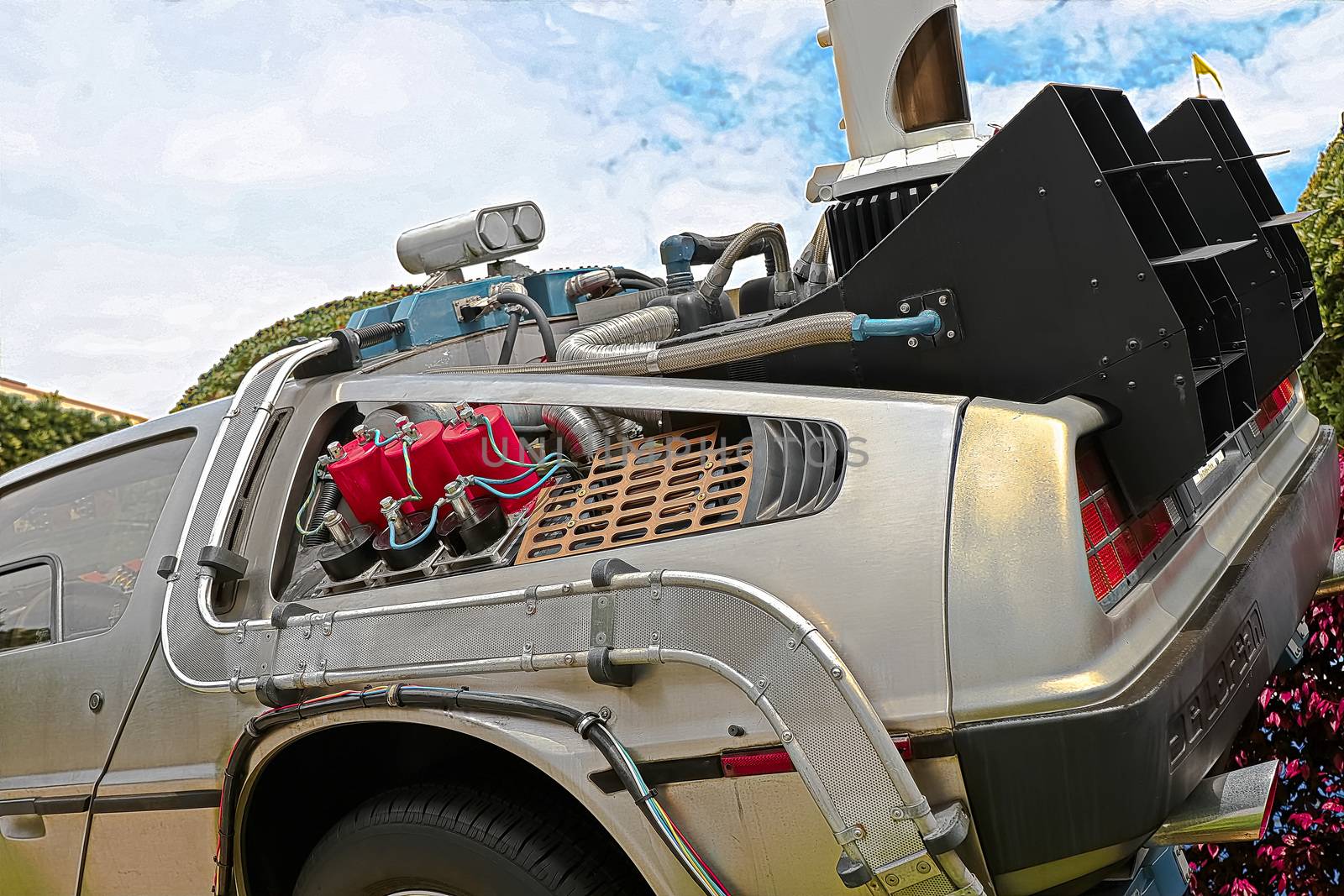 Osaka, Japan - Feb 12, 2016 : Use movie of Ready Player One. Photo of  Close up of Delorean DMC-12  left rear part from Back to the Future at Universal Studios Japan.