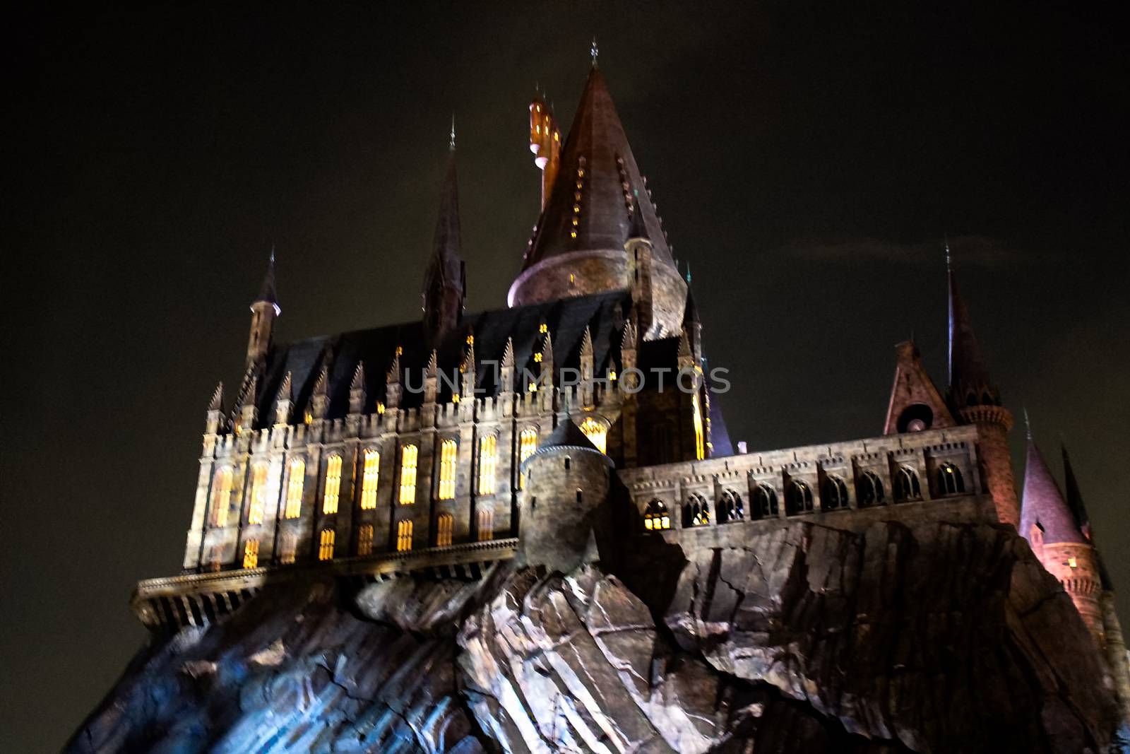 Osaka, Japan - Dec 02, 2017: View of Hogwarts castle at the Wizarding World of Harry Potter in Universal Studios Japan.