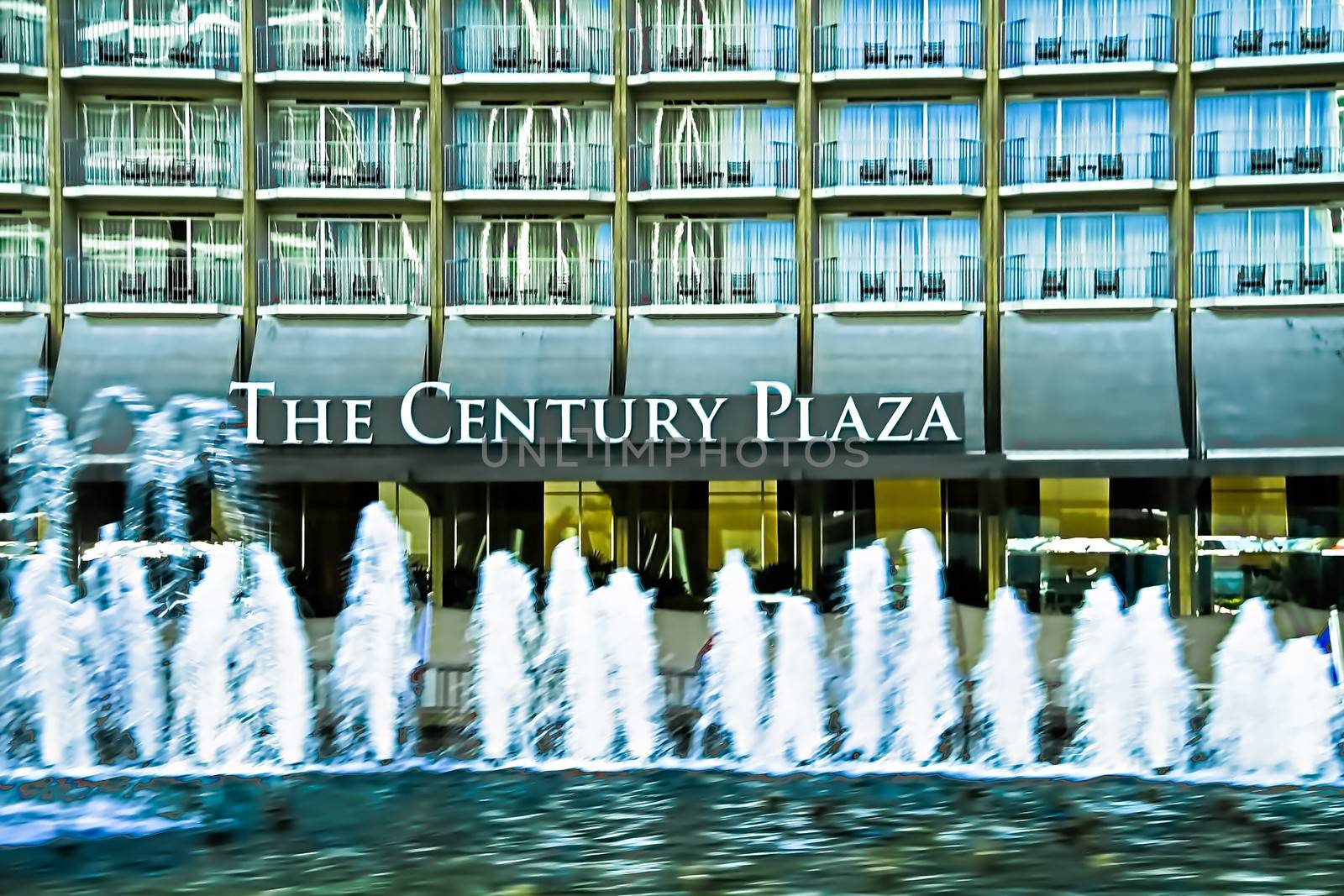 Fountains and view of entrance of Century Plaza Hotel by USA-TARO