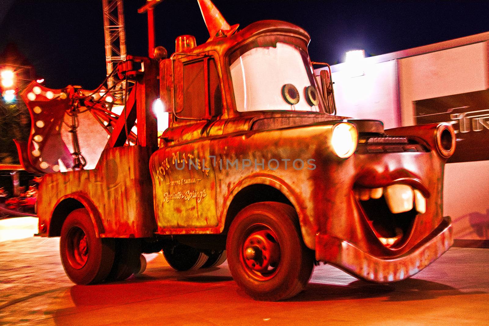 Anaheim, CA/USA - Nov 26, 2010 : Tow Mater in the Disney Pixar California Adventure parade at Disney California Adventure Park in Anaheim, California. Disney California Adventure Park is themed after the history and culture of California.