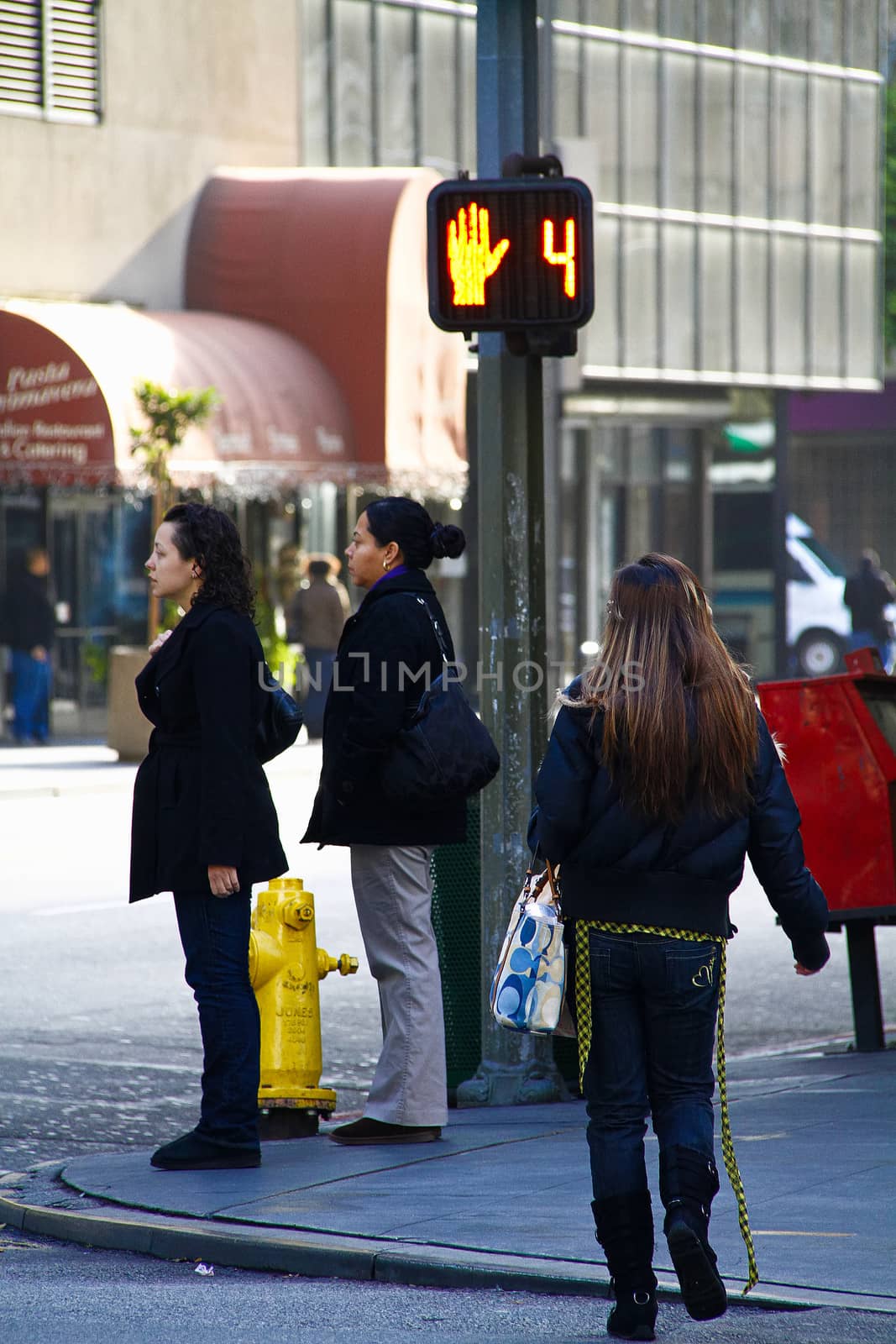 Los Angeles,CA/USA - Nov,03,2018 : Back view of young girls walking at an intersection and women waiting for a signal by USA-TARO