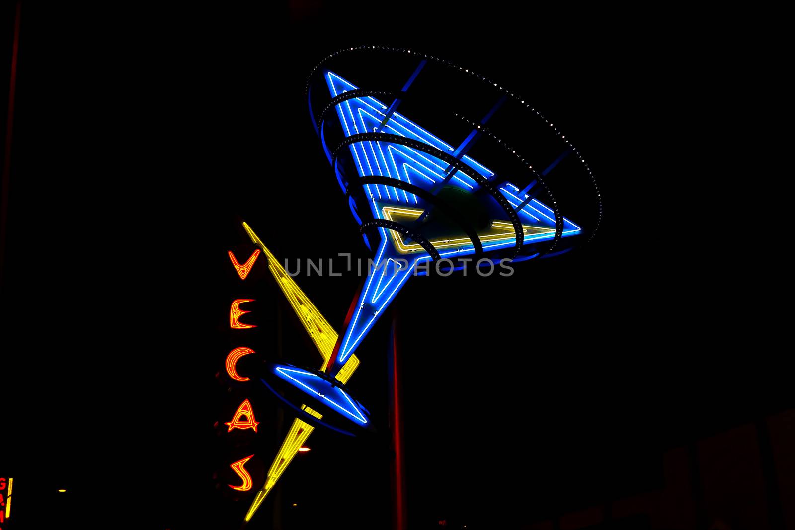 Las Vegas,NV/USA - Oct 09,2016 : "Oscar's Neon Martini Glass"  and Vegas giant neon sign on display above the street near Fremont Street Experience in Las Vegas.The Fremont Street Experience is a pedestrian mall and attraction in downtown Las Vegas.
