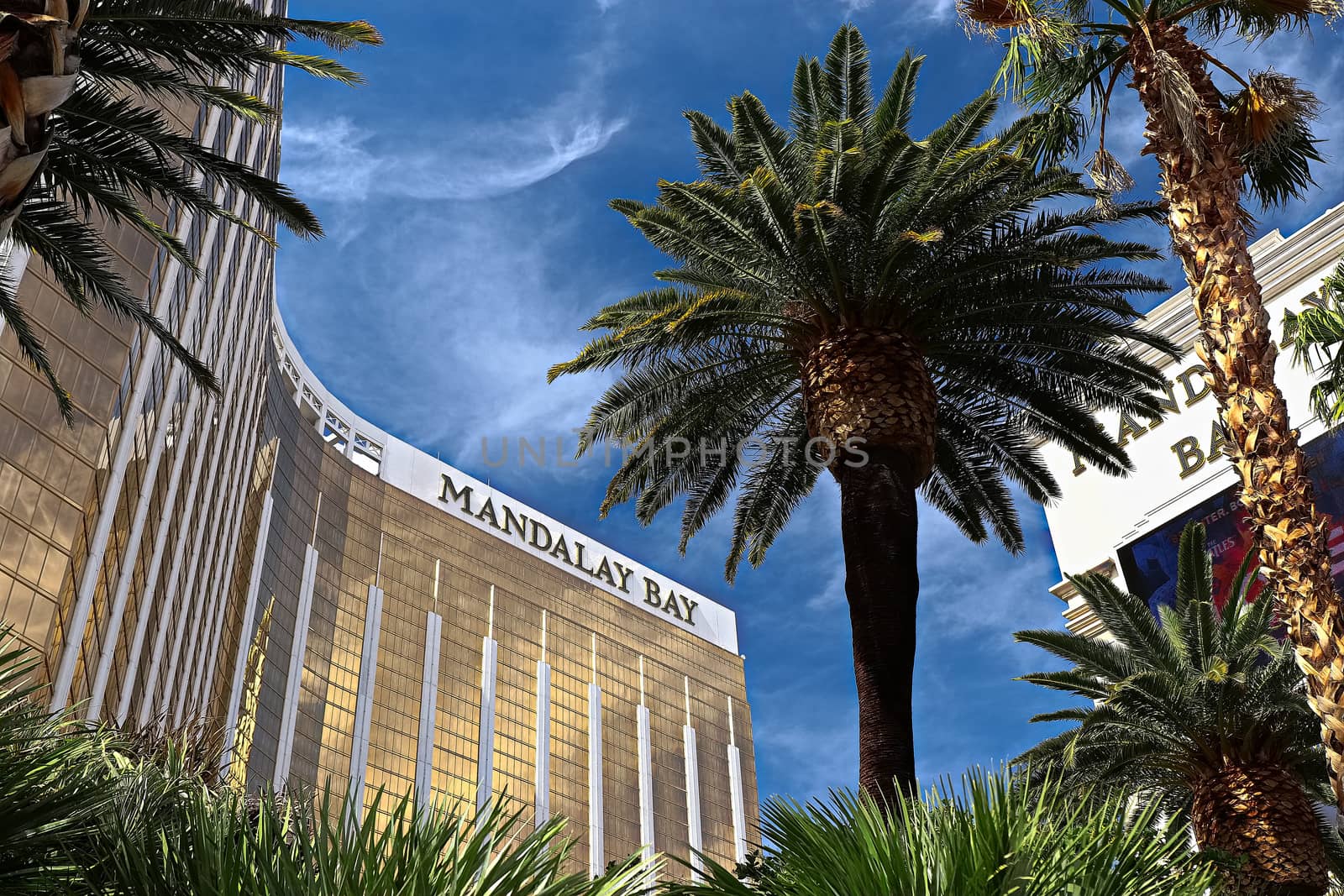 Las Vegas, NV/USA - Sep 15, 2018; Enormous Mandalay Bay Hotel Resort and Casino Las Vegas with beautifully landscaped entrance to modern architectural gold glass facade of building. by USA-TARO
