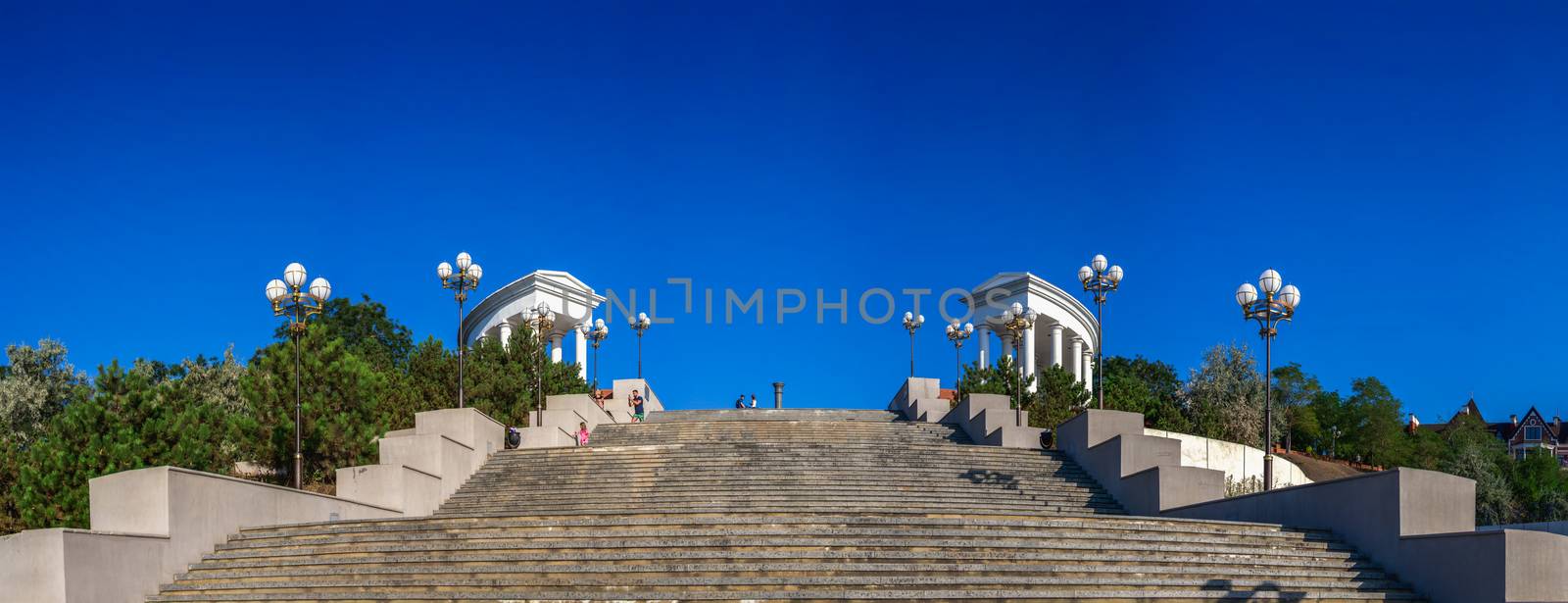 Chernomorsk, Ukraine 08.22.2020. Maritime Stairs from seaside park to the public beach in Chernomorsk city on a sunny summer morning