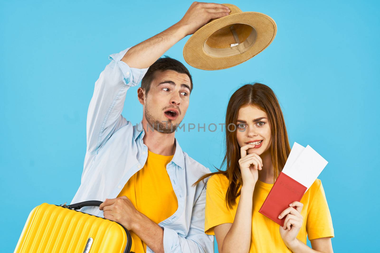 Travel passport and plane ticket vacation luggage vacation man and woman by SHOTPRIME