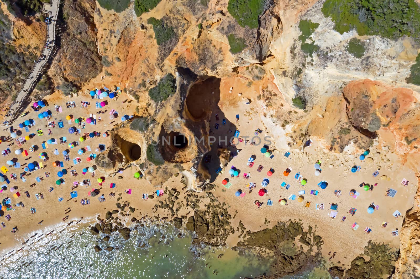 Aerial top shot from Praia do Camillo near Lagos in the Algarve Portugal