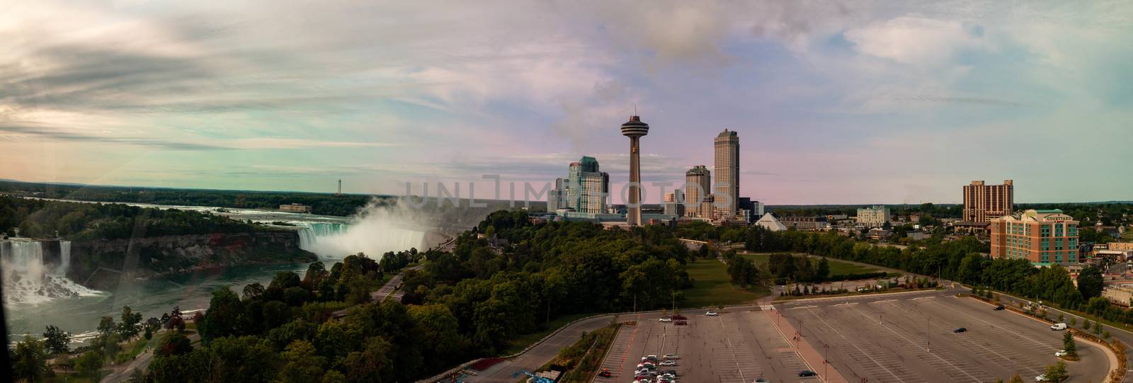 August 26 2020, Niagara falls Canada: Editorial photo of an aerial panormal of the falls and the city of Niagara. Niagara is one of Canadas most popular tourist destinations and has been hit hard by covid. High quality photo