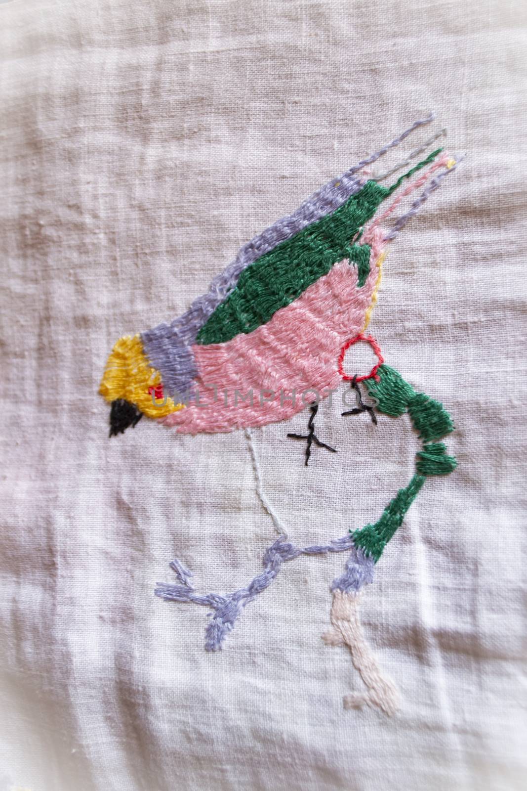 bird hand made embroidered smooth decoration on white fabric , vintage folk embroidery in Belarus, second half of 19 century