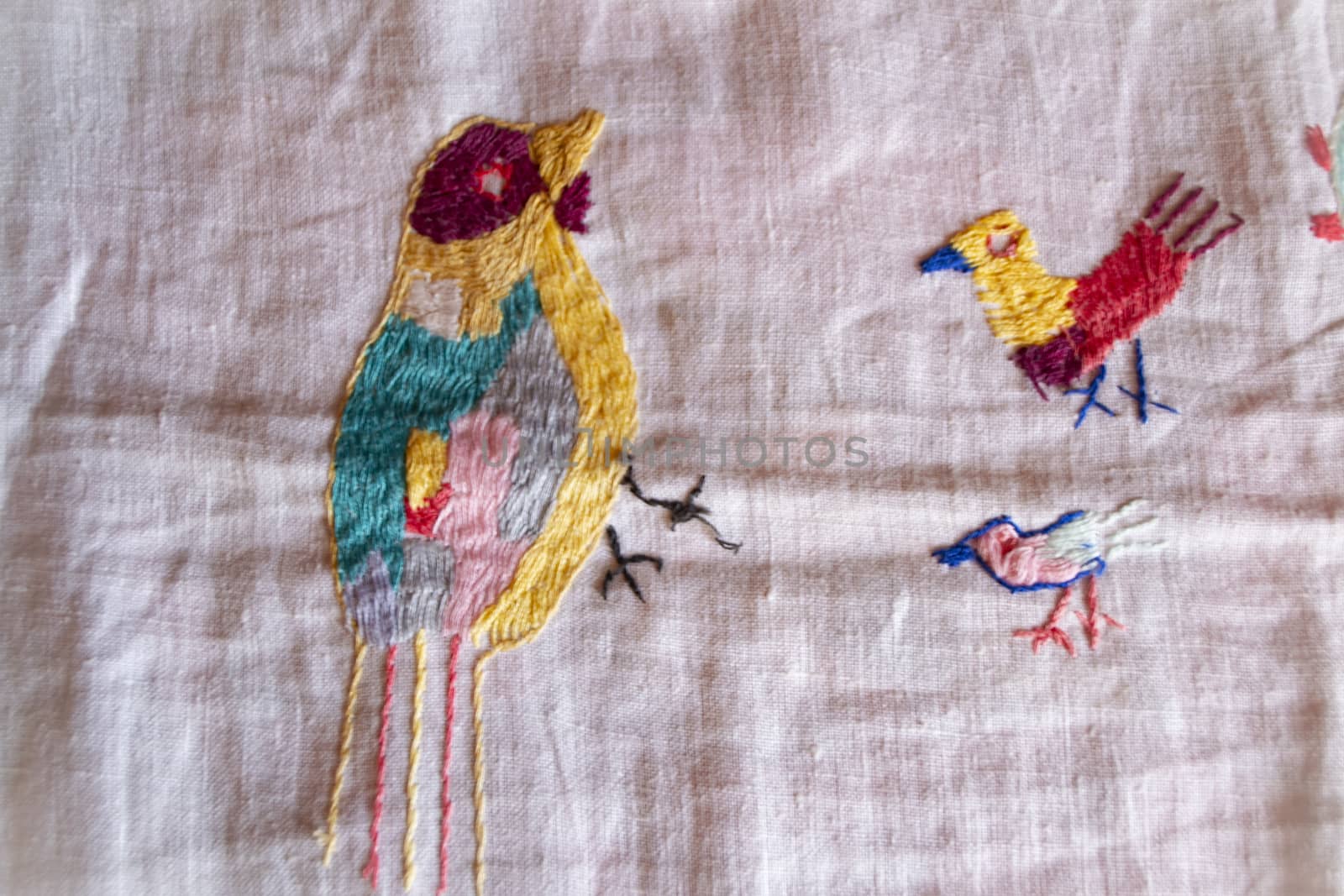 farm hand made embroidered smooth decoration on white fabric , vintage folk embroidery in Belarus, second half of 19 century
