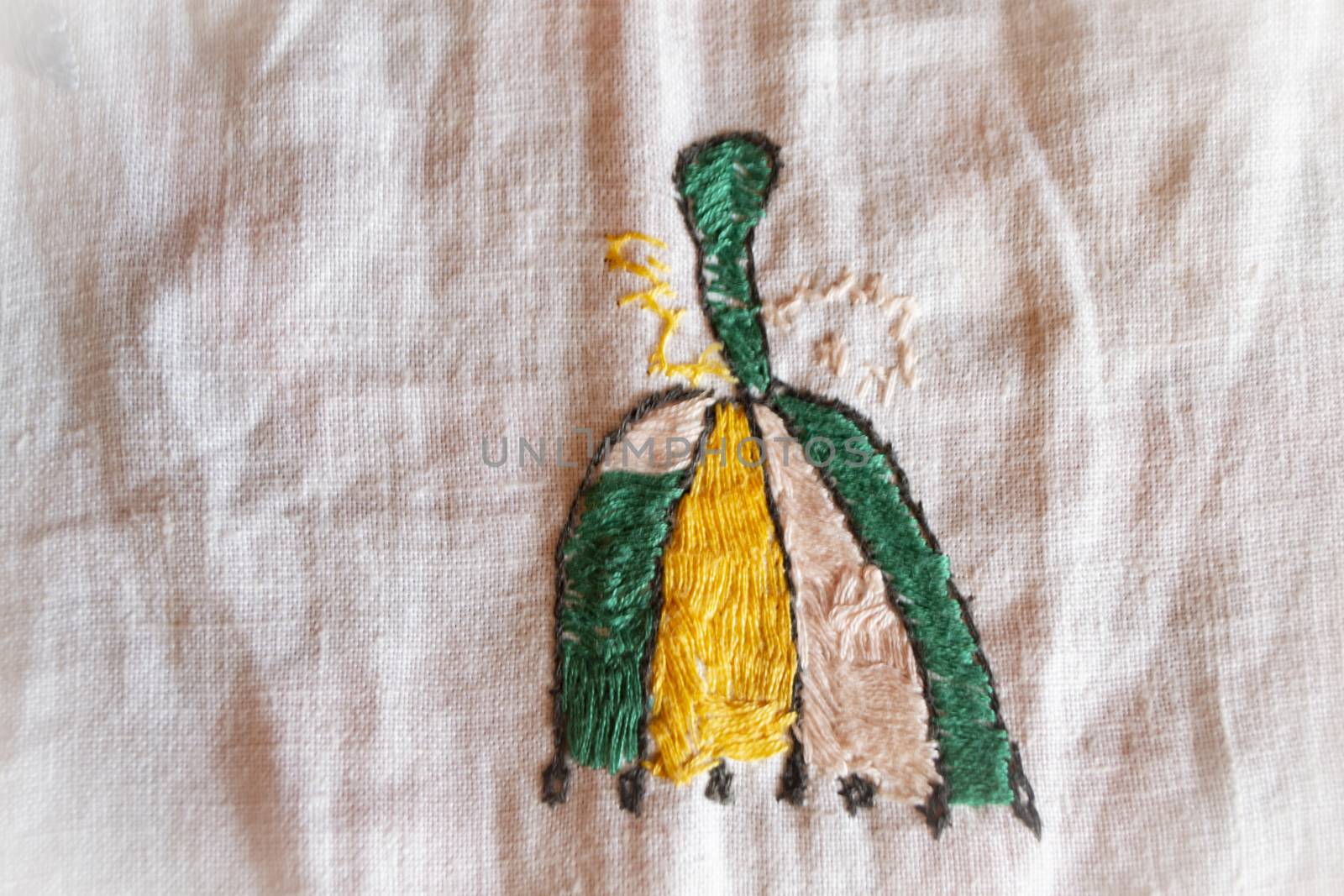 embroidered smooth decoration on white fabric , vintage folk embroidery in Belarus, of 19 century