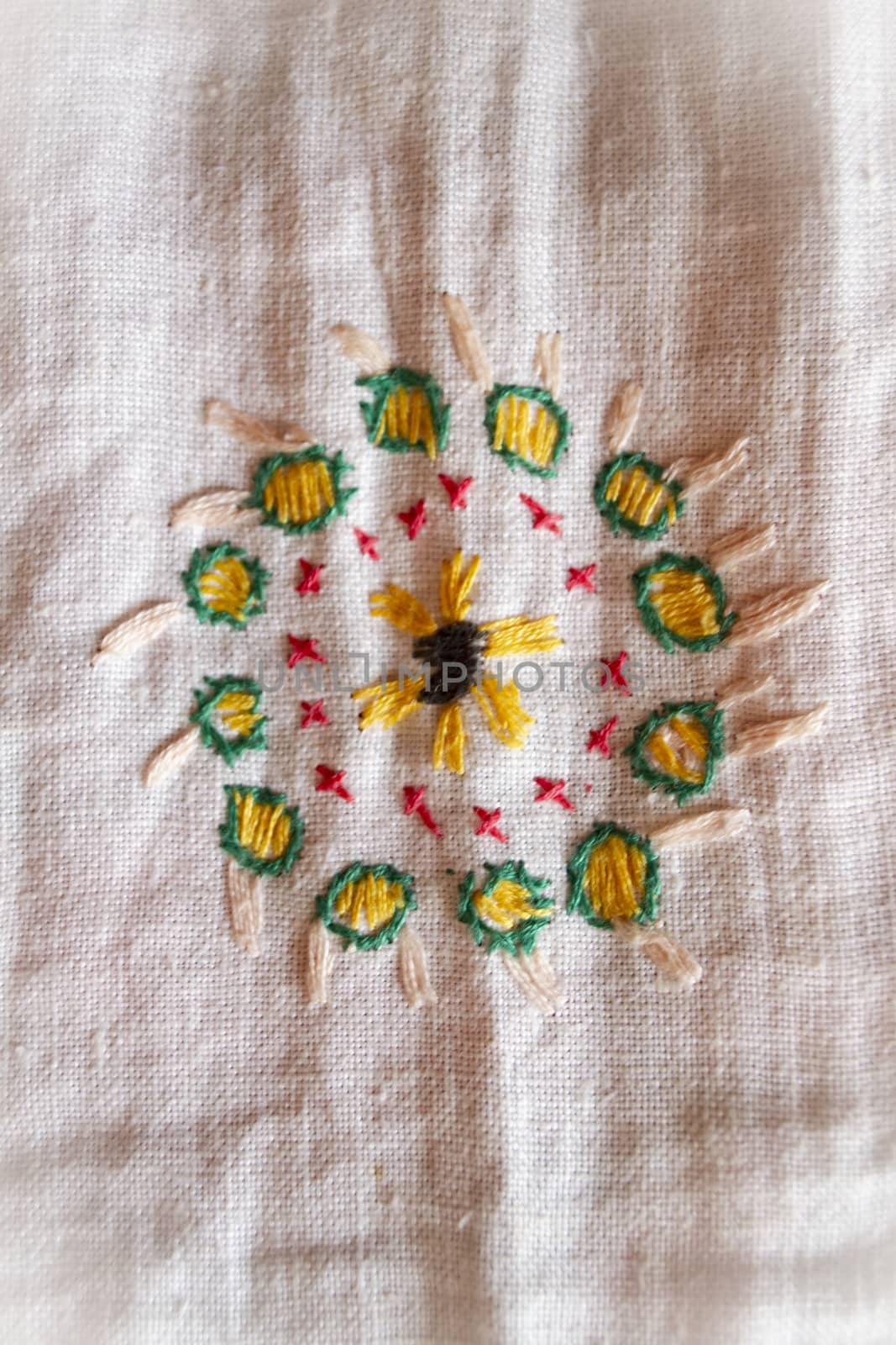 sun hand made embroidered smooth decoration on white fabric , vintage folk embroidery in Belarus, second half of 19 century