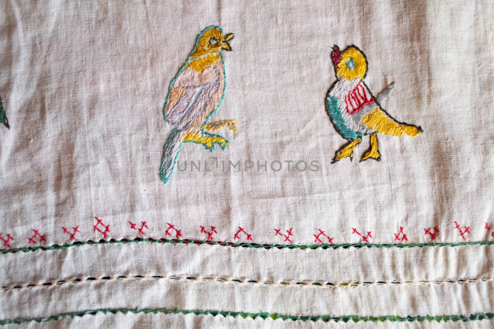 country hand made embroidered smooth decoration on white fabric , vintage folk embroidery in Belarus, second half of 19 century