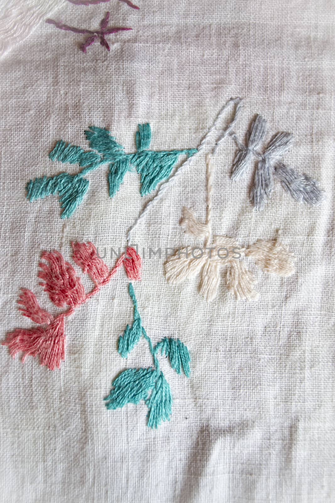 plant hand made embroidered smooth decoration on white fabric , vintage folk embroidery in Belarus, second half of 19 century